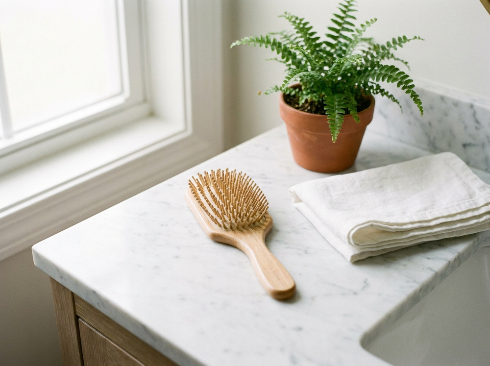 Hairbrush on a marble bathroom counter