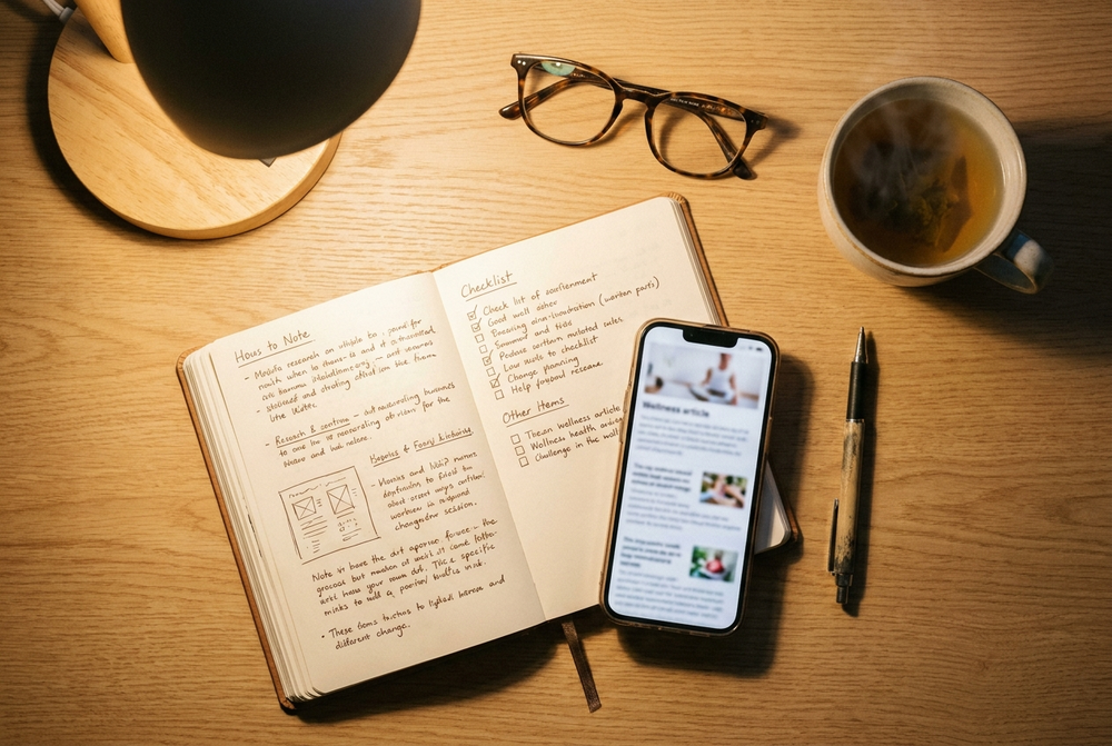 Research notes and phone on a desk
